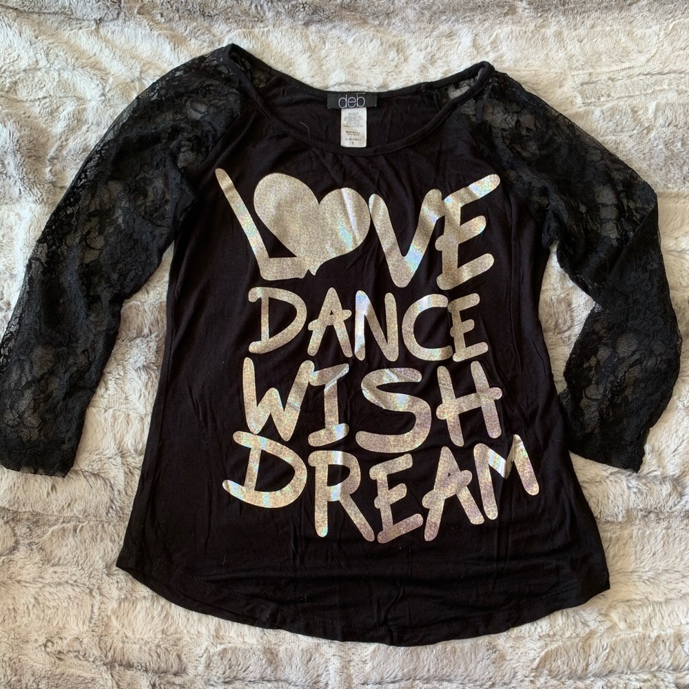 🛍Black holo graphic tee with lace sleeves